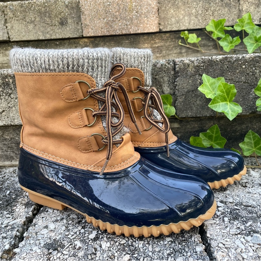 Sporto duck rain boots booties Juliana lined fabric rubber blue 7 7M